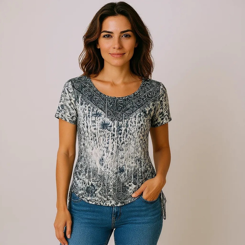 Style & Co Studded Soft Short Sleeve Western T-Shirt  Size PM